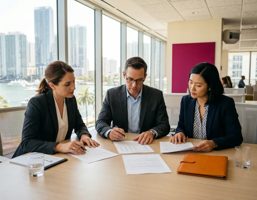 Accounting and finance professionals reviewing printed financial statements in a Brickell office with the Downtown Miami skyline and Biscayne Bay behind them, KORE1 accounting staffing in Miami