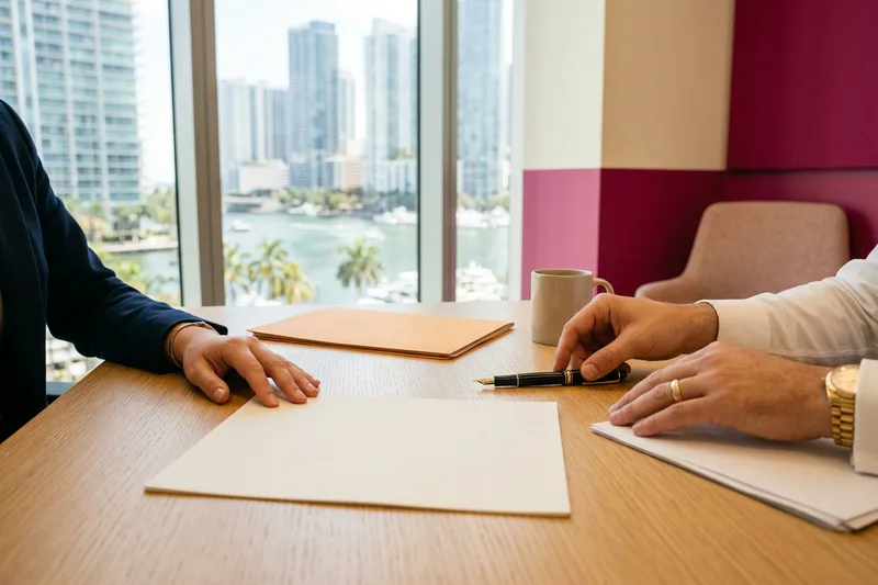 Hands finalizing an accounting hire agreement at a desk in a Miami office