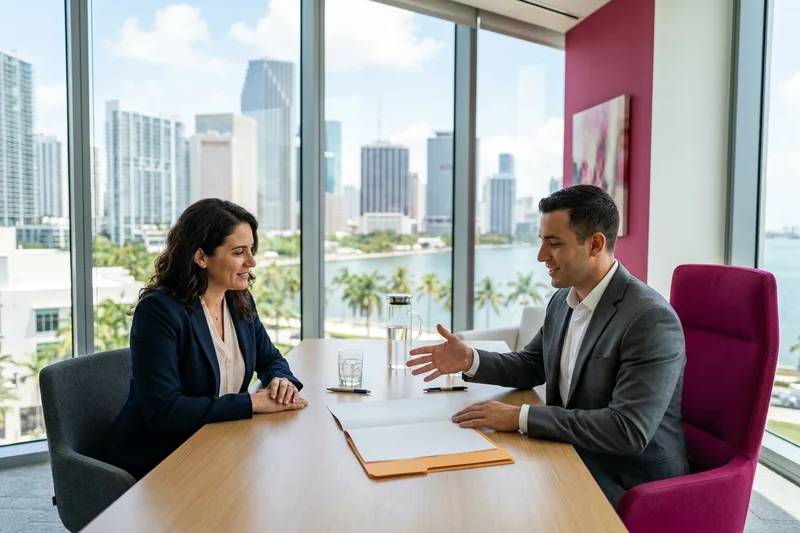 Finance hiring manager and KORE1 recruiter comparing contract and direct-hire options in a Miami office