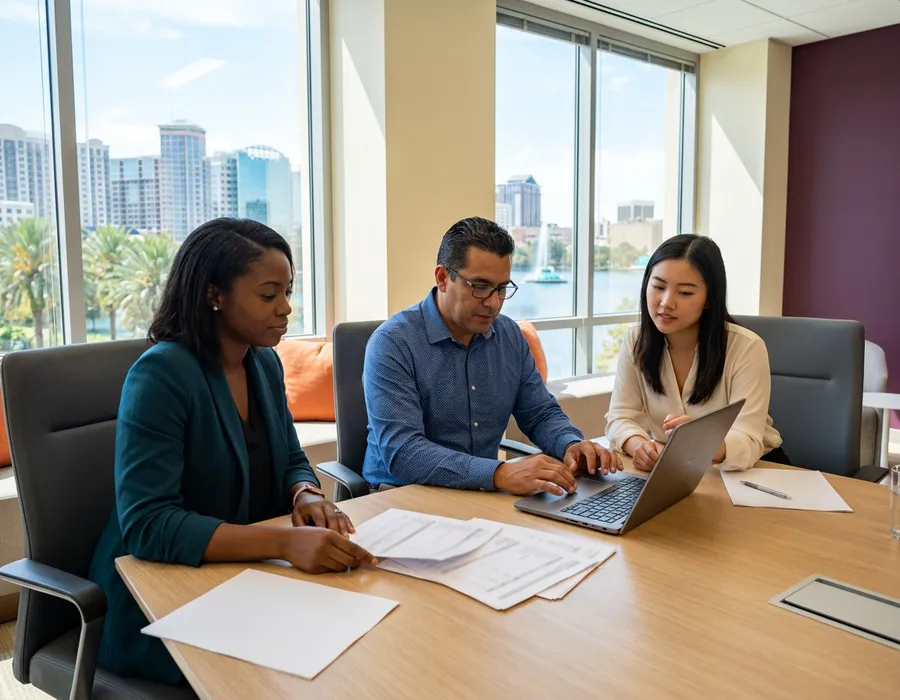 Accounting and finance professionals reviewing printed financial statements in a Downtown Orlando office with the Lake Eola fountain and city skyline behind them, KORE1 accounting staffing