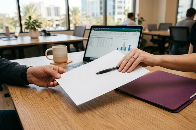 Hands finalizing an accounting hire agreement at a desk in an Orlando office