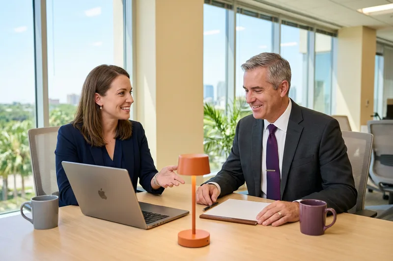 Finance hiring manager and KORE1 recruiter comparing contract and direct-hire options in an Orlando office