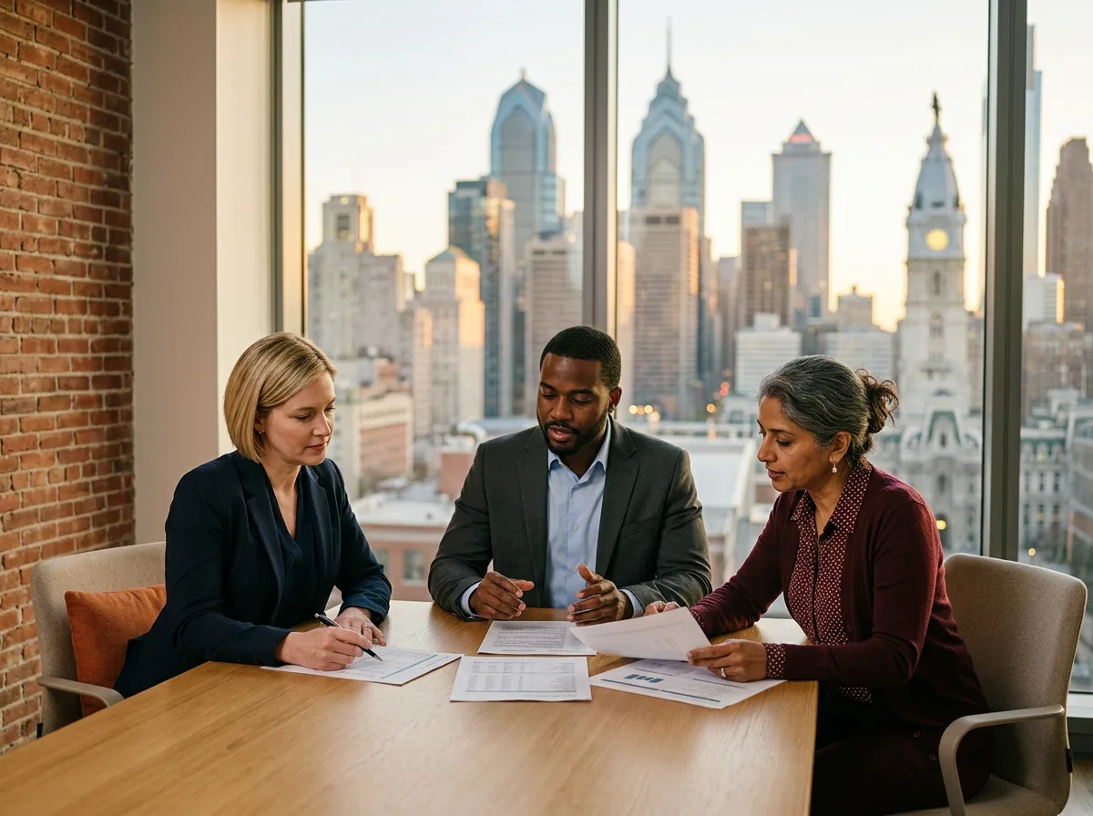 Accounting and finance professionals reviewing printed financial statements in a Center City Philadelphia office with the Comcast towers and City Hall clock tower behind them, KORE1 accounting staffing