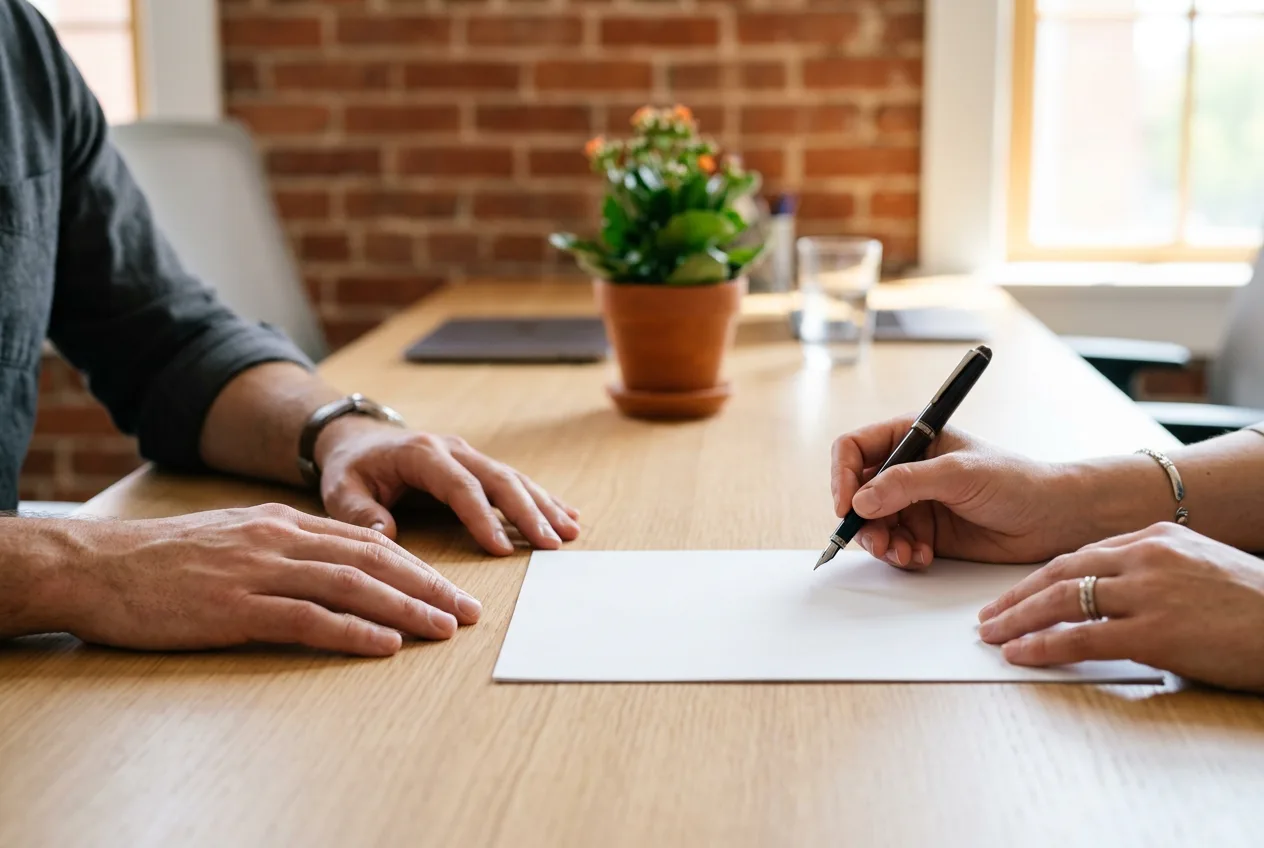 Hands finalizing an accounting hire agreement at a desk in a Philadelphia office