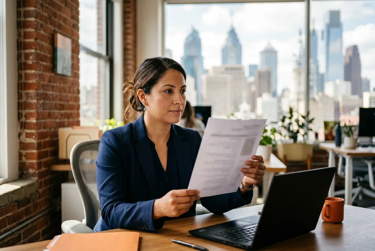 KORE1 recruiter reviewing a printed accountant candidate summary for a Philadelphia finance team
