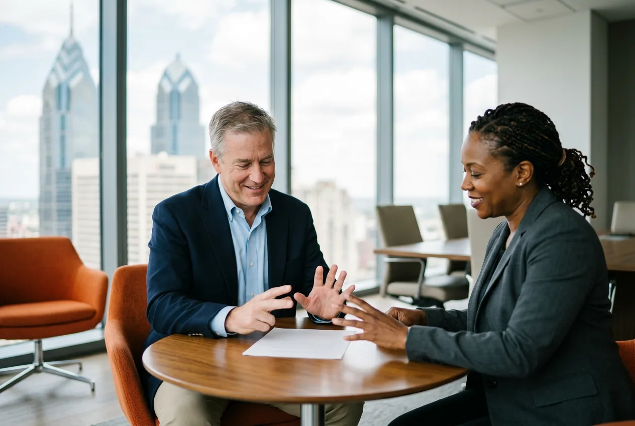 Finance hiring manager and KORE1 recruiter comparing contract and direct-hire options in a Philadelphia office
