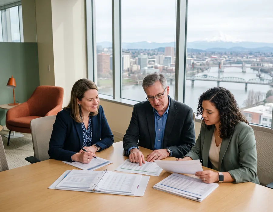 Accounting and finance professionals reviewing printed reports in a downtown Portland office with the Willamette River bridges and Mount Hood behind them, KORE1 accounting staffing