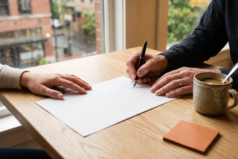 Hands finalizing an accounting hire agreement at a desk in a Portland office