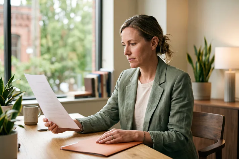 KORE1 recruiter reviewing a printed accountant candidate summary for a Portland Silicon Forest finance team