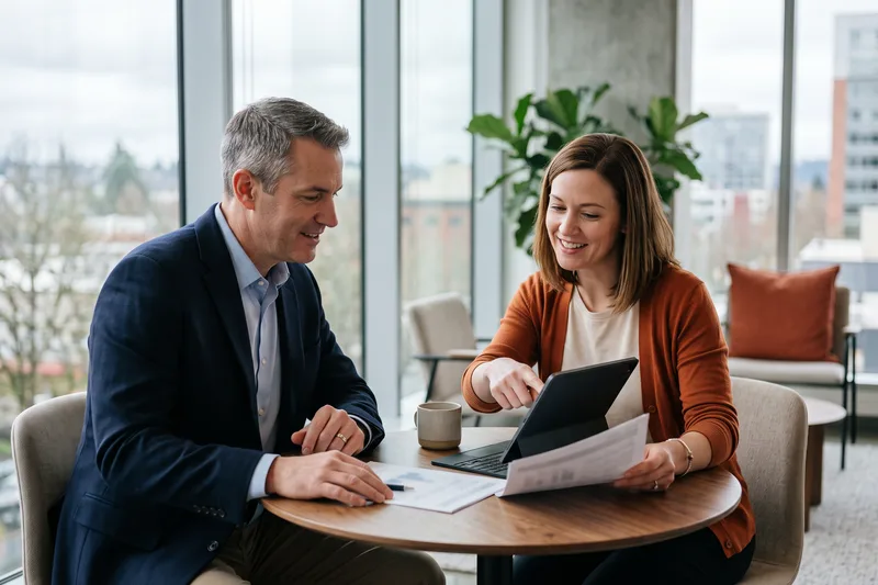 Finance hiring manager and KORE1 recruiter comparing contract and direct-hire options in a Portland office