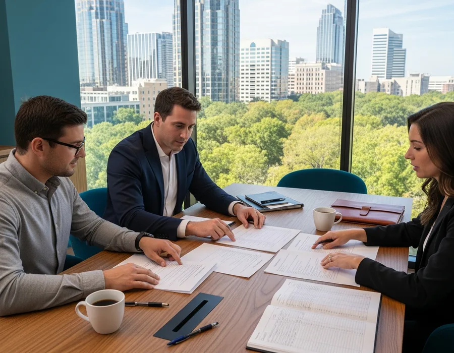 Accounting and finance professionals reviewing printed reports in a downtown Raleigh high-rise office with the tree-lined Research Triangle skyline behind them, KORE1 accounting staffing