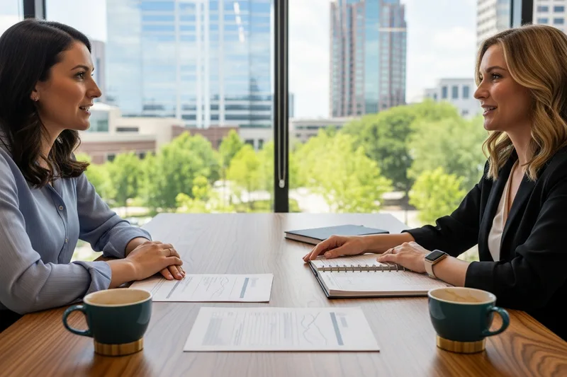 Finance hiring manager and KORE1 recruiter comparing contract and direct-hire options in a Raleigh office