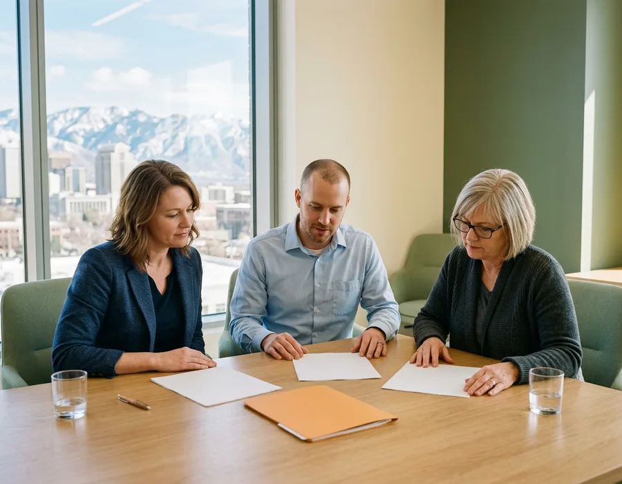 Accounting and finance colleagues reviewing printed financial statements in a Salt Lake City office with the downtown skyline and the Wasatch Range behind them, KORE1 accounting staffing in Salt Lake City