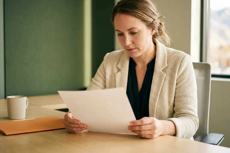 KORE1 recruiter reviewing a printed accountant candidate summary for a Salt Lake City finance team