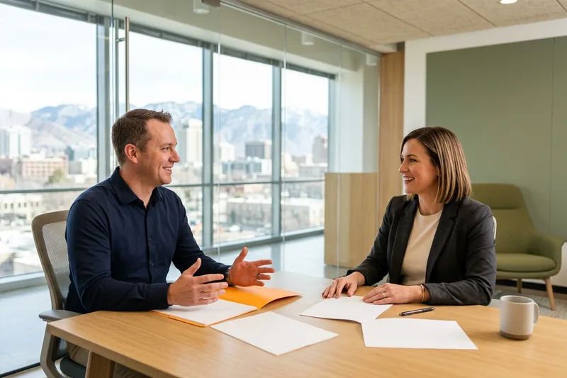 Finance hiring manager and KORE1 recruiter comparing contract and direct-hire options in a Salt Lake City office