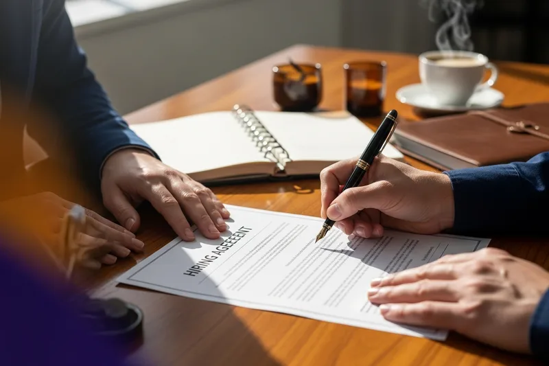 Hands reviewing and signing an accounting hire agreement at a desk in a San Jose office