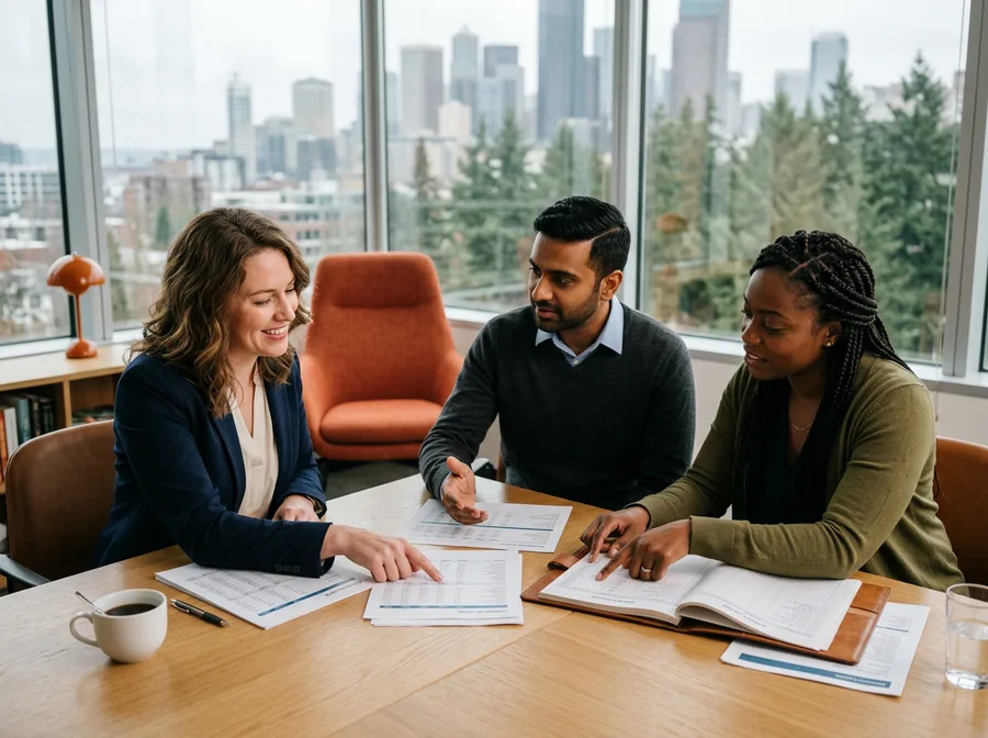 Accounting and finance professionals working in a bright Seattle office overlooking the Puget Sound, KORE1 accounting staffing