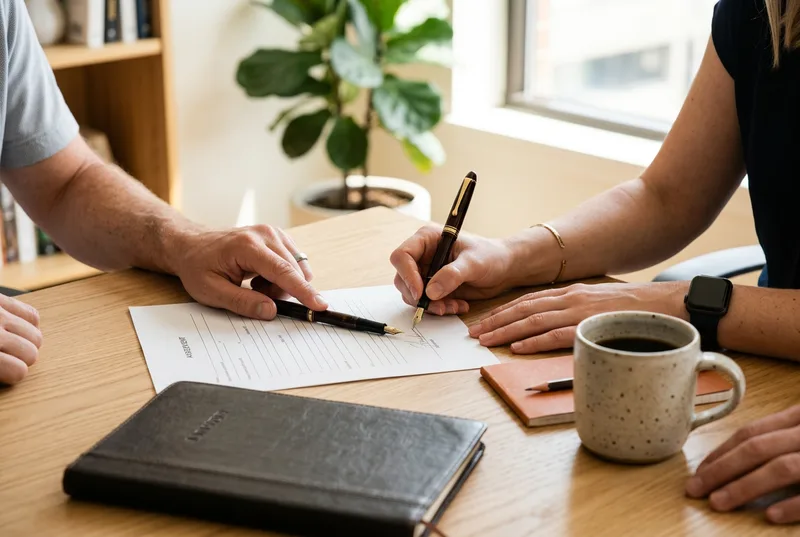 Hands reviewing and signing an accounting hire agreement at a desk in a Seattle office