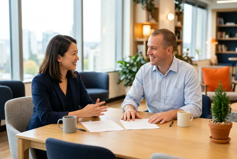 Finance hiring manager and KORE1 recruiter comparing contract and direct-hire options in a Seattle office