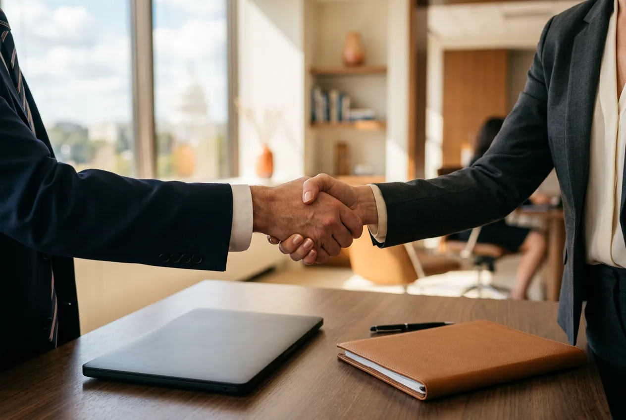 Hands finalizing an accounting hire agreement at a desk in a Washington DC office