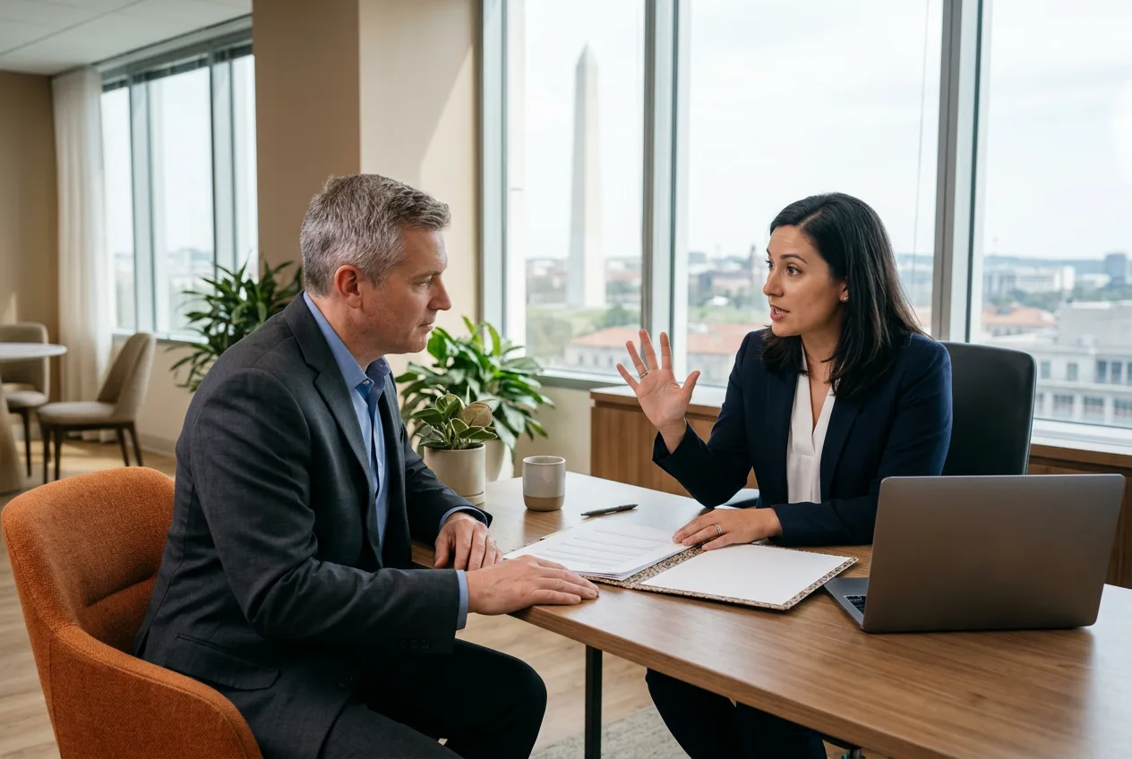 Finance hiring manager and KORE1 recruiter comparing contract and direct-hire options in a Washington DC office