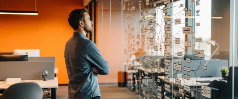 Engineering leader studying a glass wall covered in a tangled web of software dependencies, the load-bearing spaghetti that makes teams afraid to refactor legacy code