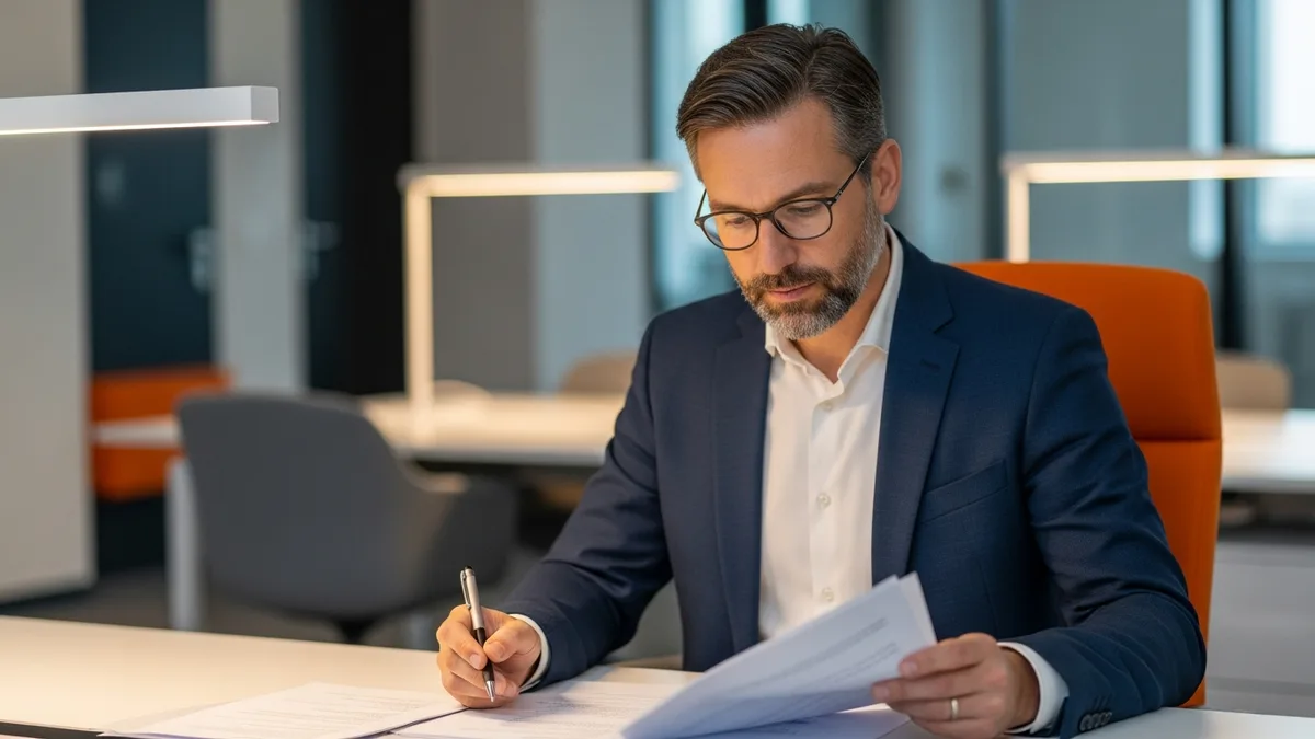 Mid-career AI engineer reviewing printed technical specifications at a modern workstation