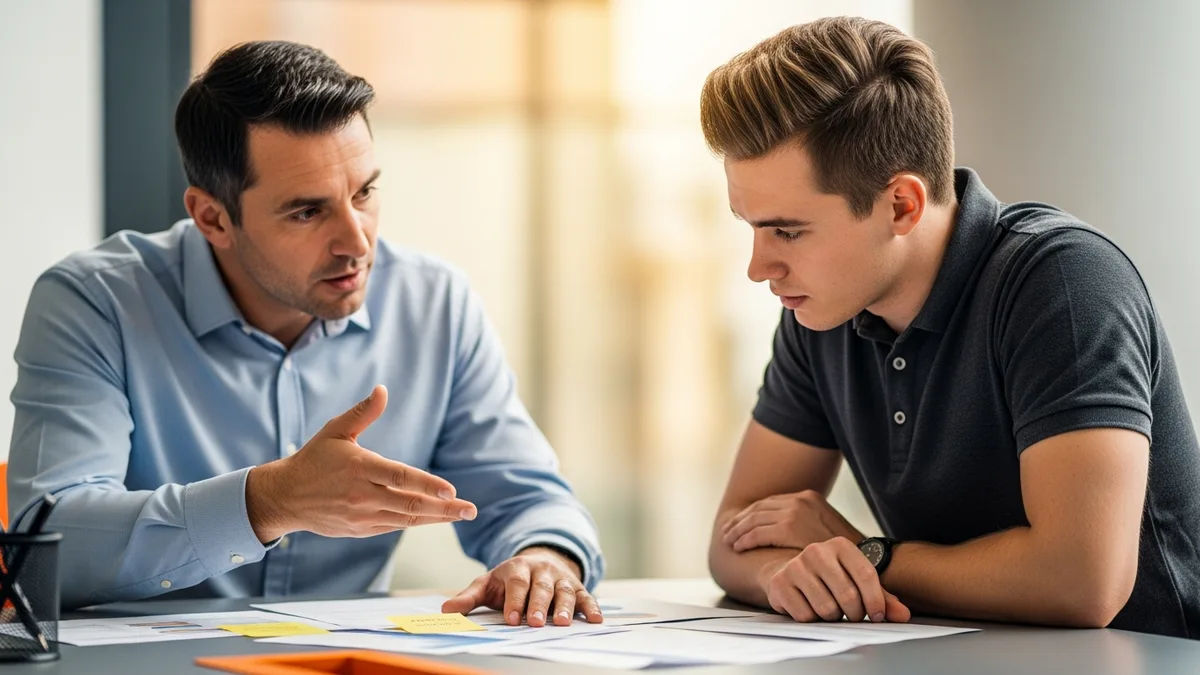 Senior engineer mentoring a junior AI engineer, the mid-to-senior jump on the AI engineer career path