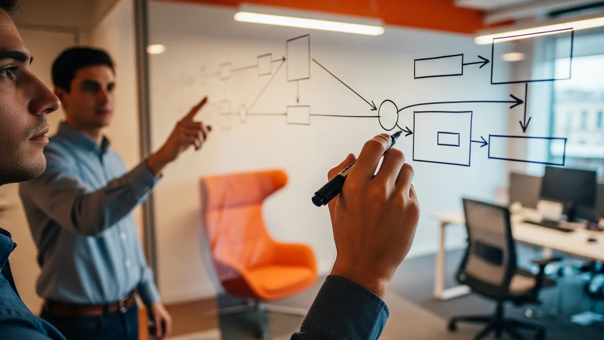 Two engineers mapping an AI integration surface with boxes and arrows on a whiteboard during vendor diligence