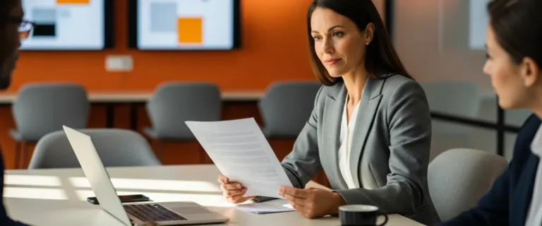 Engineering executive reviewing an AI vendor contract during pre-signature diligence, with two colleagues at the conference table