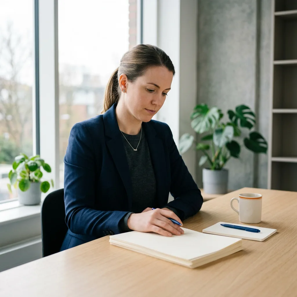 AI research scientist reading printed papers at a desk in a bright office