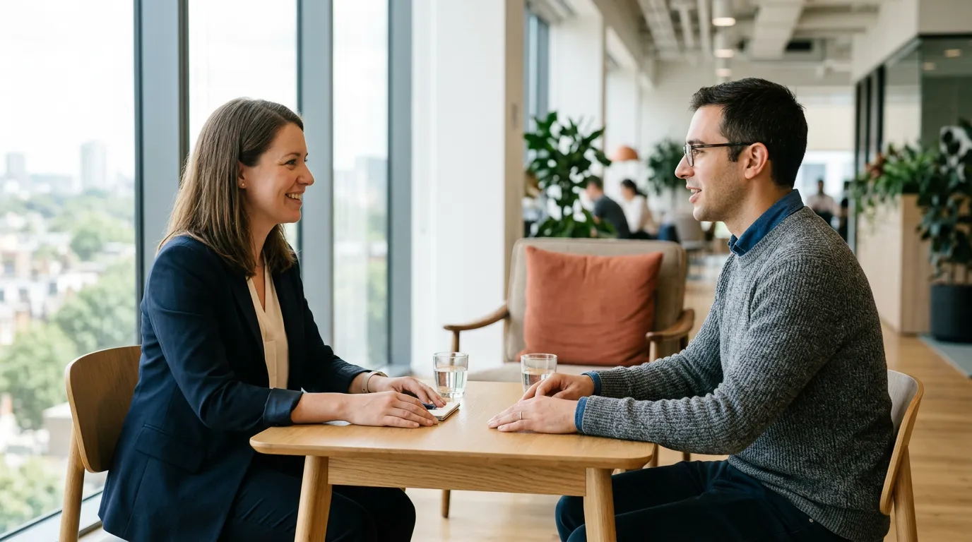 KORE1 recruiter interviewing an AI research scientist candidate across a table in a bright office