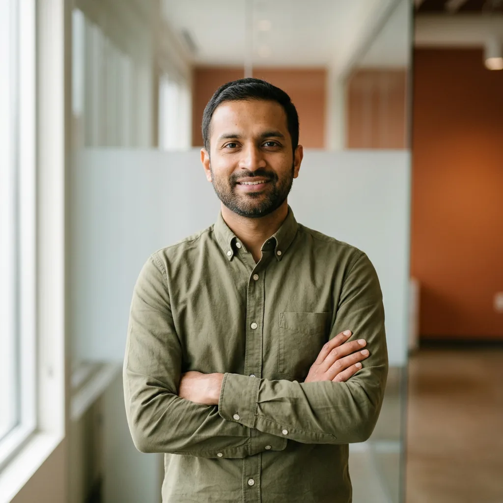 Confident AI research scientist placed by KORE1 standing in a modern office