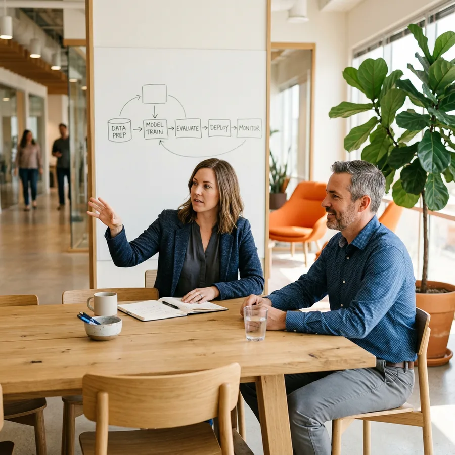 A KORE1 recruiter and a hiring manager scoping an AI role at a table with a whiteboard of a machine learning lifecycle behind them