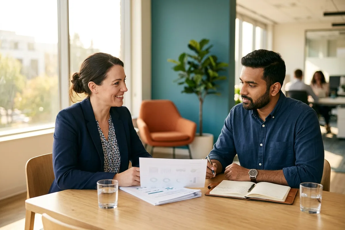 A KORE1 recruiter and a machine learning engineer candidate reviewing a printed model evaluation report together at a table in a bright modern office