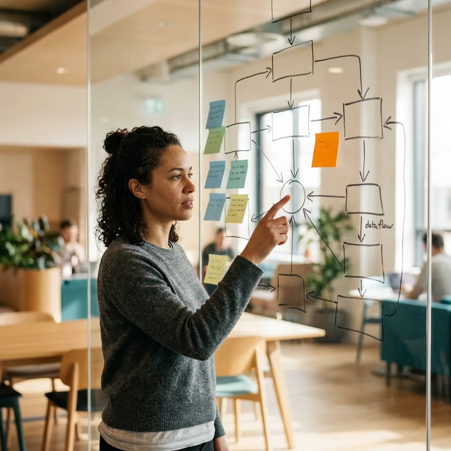 A machine learning engineer mapping a data and model pipeline on a glass wall covered in a hand-drawn box-and-arrow flow and colored sticky notes