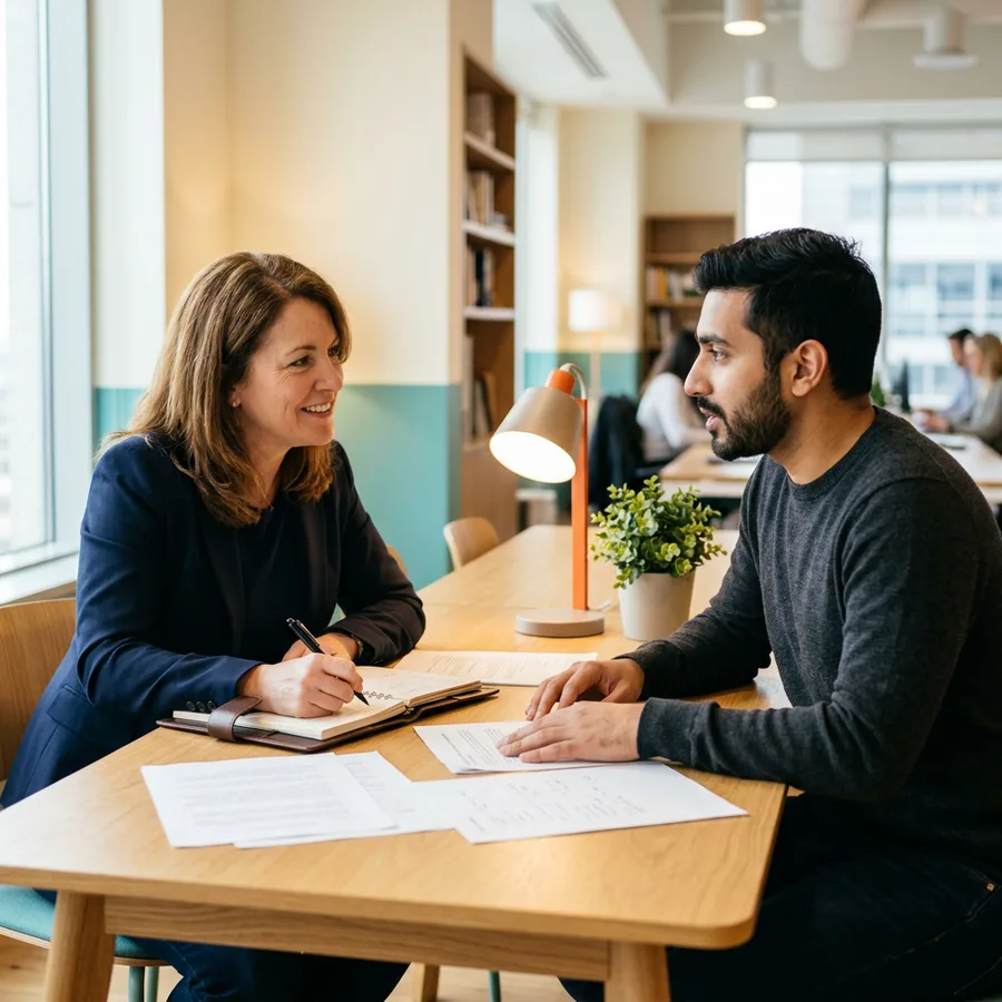 A KORE1 recruiter and an AI candidate in a focused screening conversation across a table with printed research notes and evaluation charts on paper