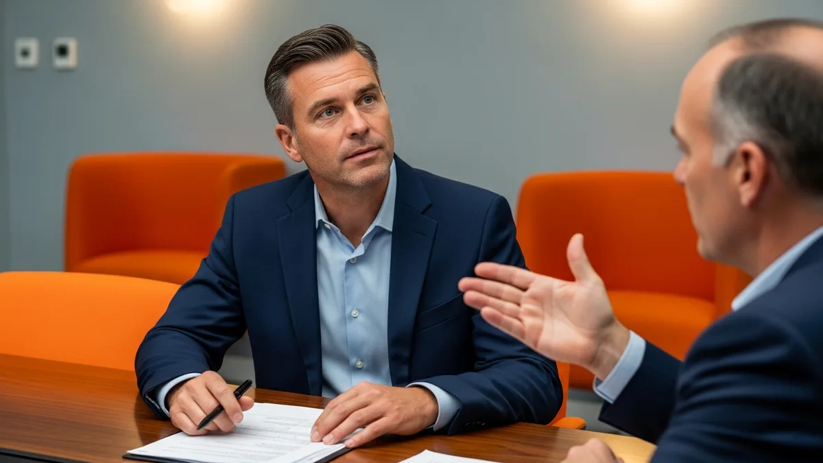 Engineering executive with a pen over an AI vendor contract as a colleague advises caution before signing