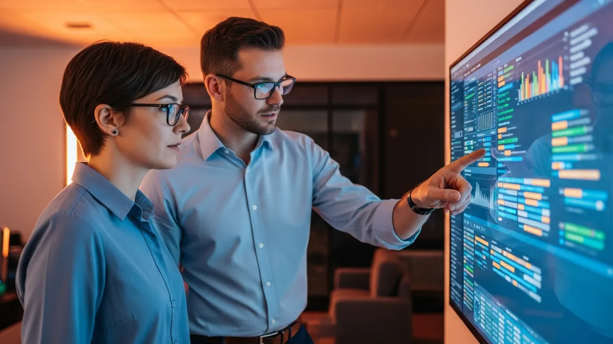 VP of engineering and a senior engineer studying an AI vendor production dashboard to verify real production evidence