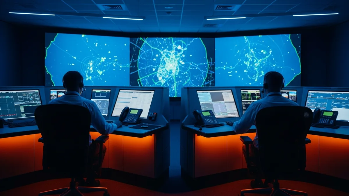 Two air traffic controllers at radar workstations in a dim control room during the controller shortage