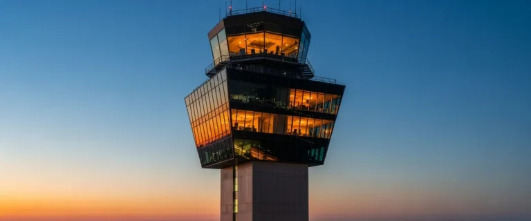 Modern air traffic control tower glowing at dusk, illustrating the U.S. air traffic controller shortage