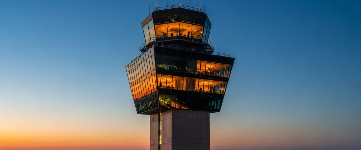 Modern air traffic control tower glowing at dusk, illustrating the U.S. air traffic controller shortage