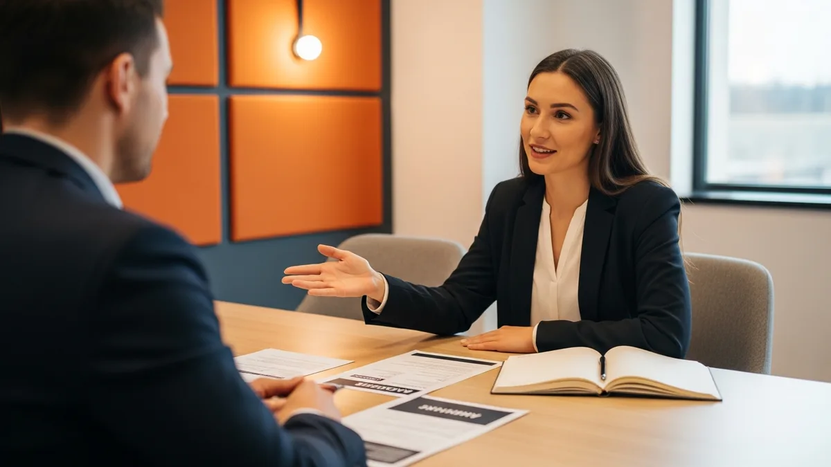 Analytics engineer candidate explaining a data modeling answer to a hiring manager across a table with a printed resume and notebook