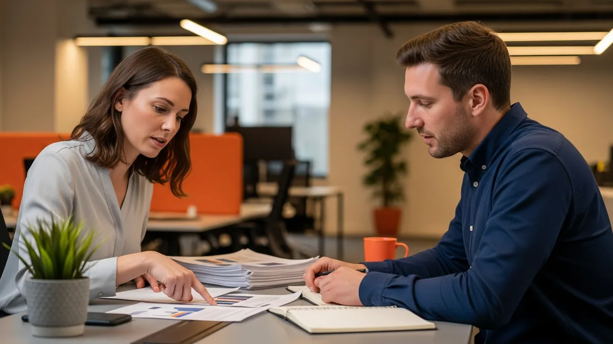 Two analytics engineers reviewing a printed data model and code during a technical interview working session