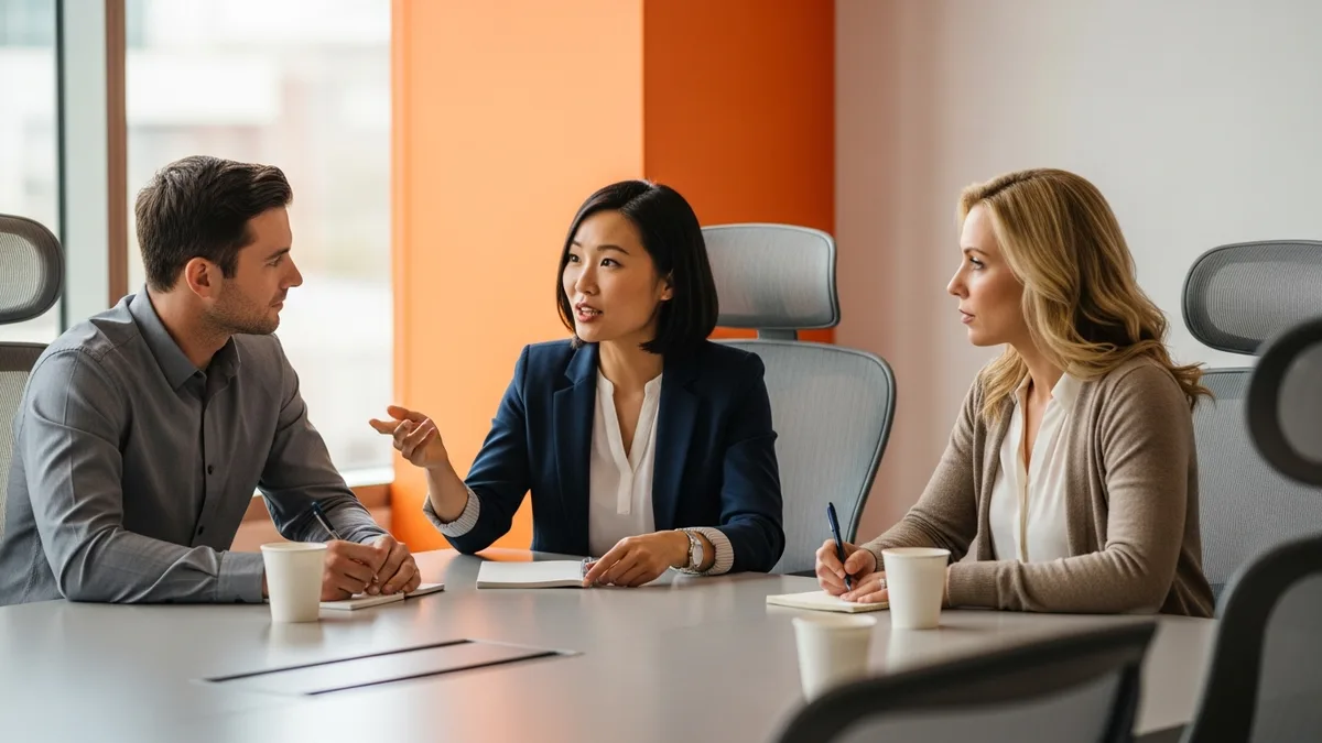 Three-person hiring panel discussing an analytics engineer candidate during an interview debrief