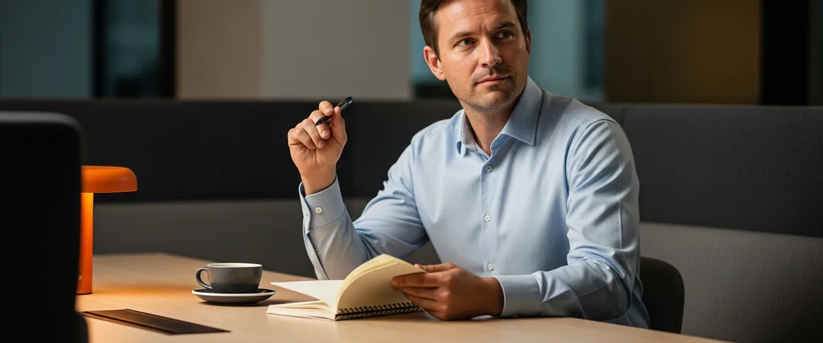 Analytics engineer pausing to consider an interview question while holding a pen at a modern desk