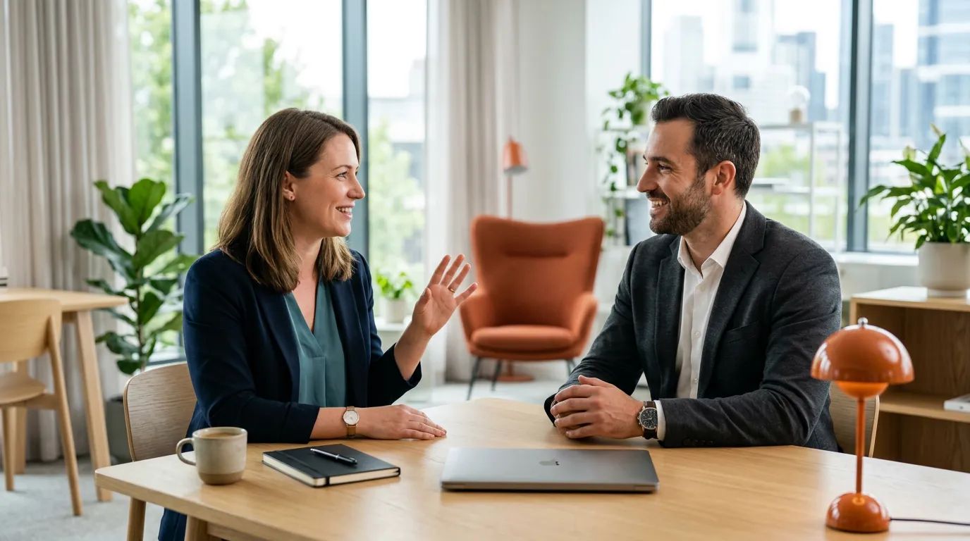 KORE1 analytics recruiter and a data analytics candidate talking across a table in a bright modern office