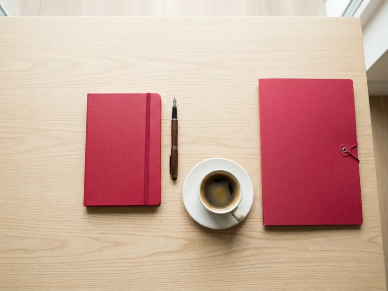 Notebook, pen, coffee and a crimson file folder on a bright desk, Angular versus React staffing decision