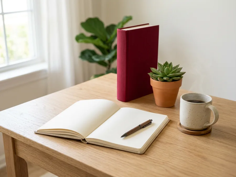 Angular developer staffing desk with an open notebook, coffee and a crimson-bound reference book in warm morning light, KORE1 Angular staffing