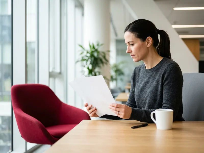 Senior Angular developer reading printed architecture notes at a bright desk with a crimson accent chair, KORE1 Angular developer staffing